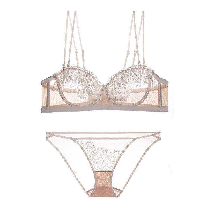 Image of Southeast Asia cross-border fringe half cup underwear women's ultra-thin cup big breasts show small transparent mesh sex interesting bra